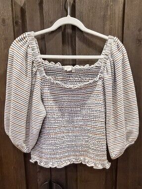 LOFT White Striped Smocked Puff Sleeve Top